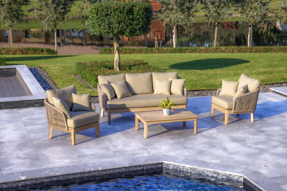 Eve 4-Piece Patio and Backyard Wood, Aluminum and Rope Conversation Set, Gray