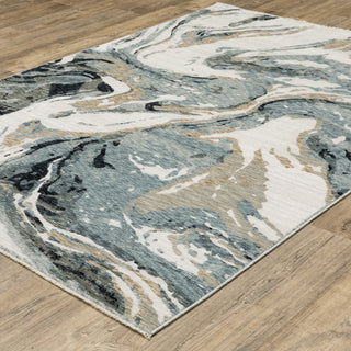 Easely Modern Abstract Elements Steel Blue/ Ivory Area Rug, 3'3" x 5'