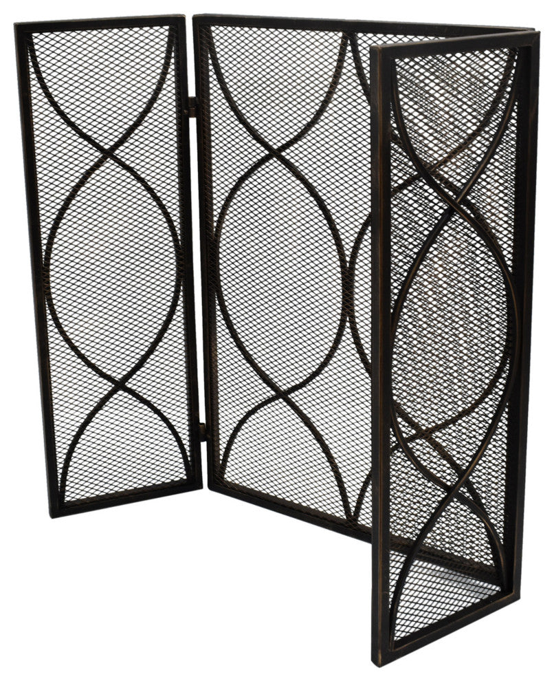 Laylah Modern Three Panel Iron Firescreen, Black Gold Finish
