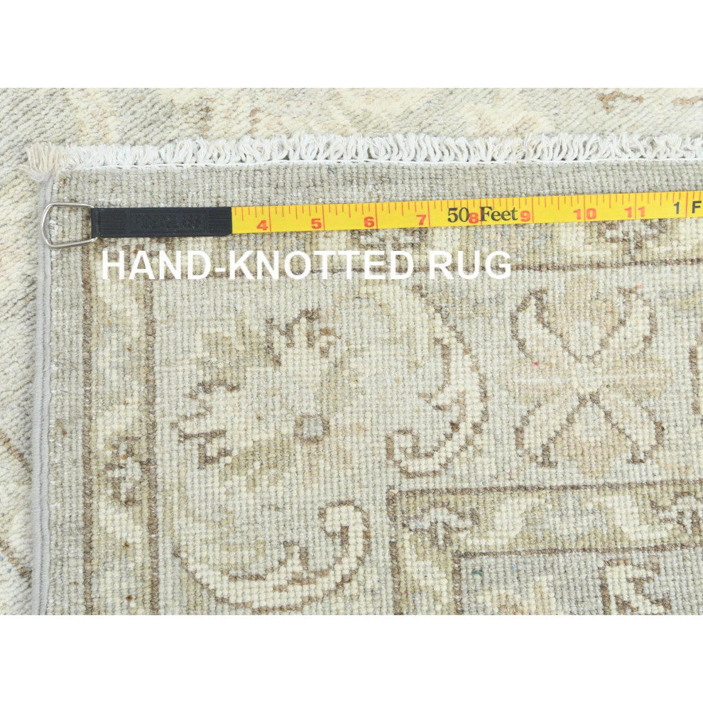 Ivory, Hand Knotted, Afghan Stone Washed Peshawar, Wool, Runner Rug, 2'9"x9'7"