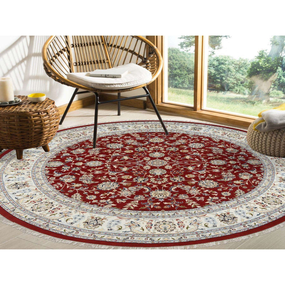 Cherry Red, Hand Knotted Nain, 250 KPSI Wool and Silk Round Rug, 9'1"x9'1"