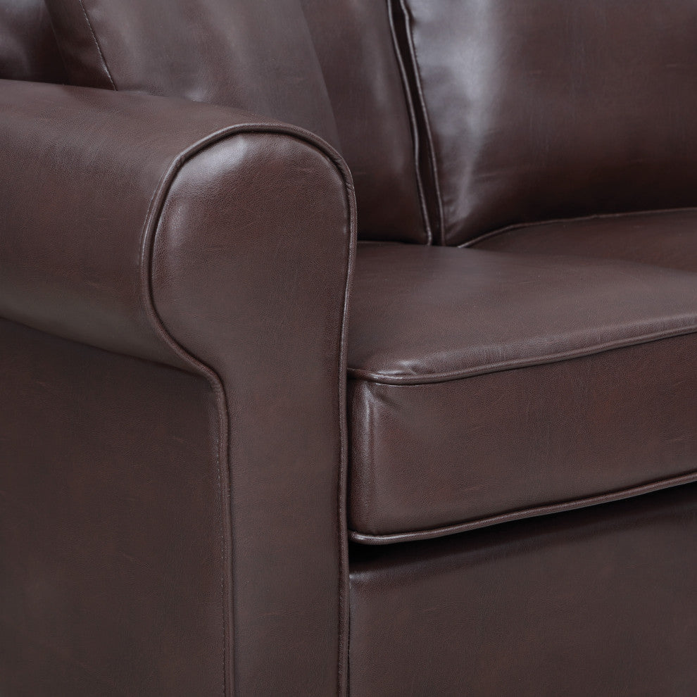 Rylee Rolled Arm Sectional, Cocoa Faux Leather With Pillows and Coffee Legs