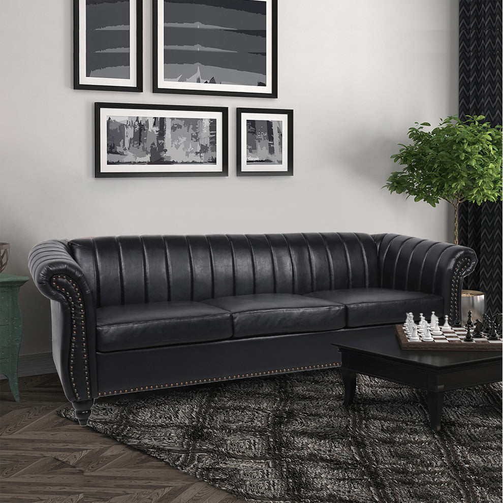 83" Faux leather Rolled Arm Sofa with Nailhead Trim, Black, 83'' X 33''