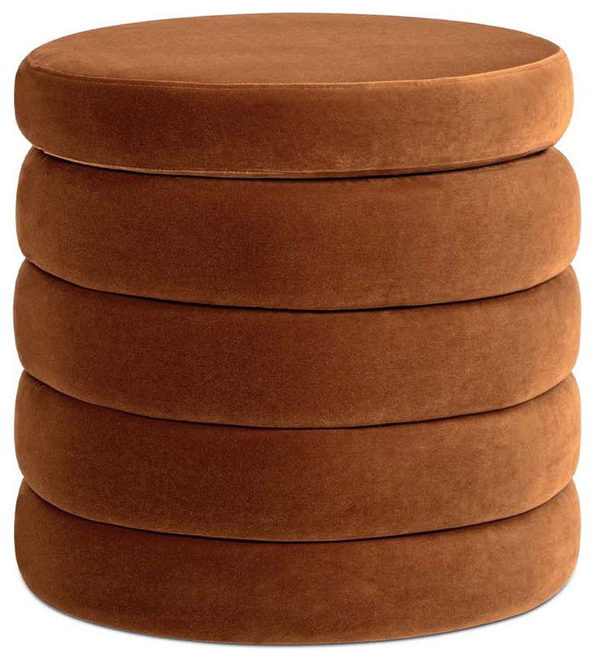 Fuji 19" Oversized Horizontal Tufted Round Storage Ottoman, Burnt Orange Velvet