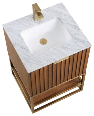 Terra Bathroom Vanity, Walnut/Satin Brass With Carrara Marble, 24"