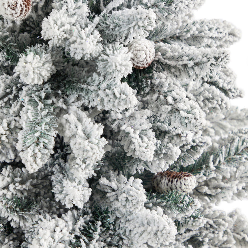 4.5' Flocked Livingston Fir Faux Xmas Tree W/Pinecones & Lights, Tall Planter