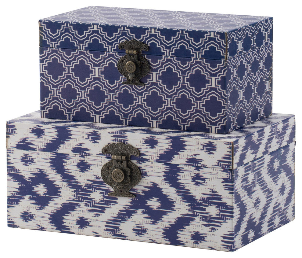 Benzara 10" Wood Boxes, Classic Blue White Quatrefoil Design, 2-Piece Set