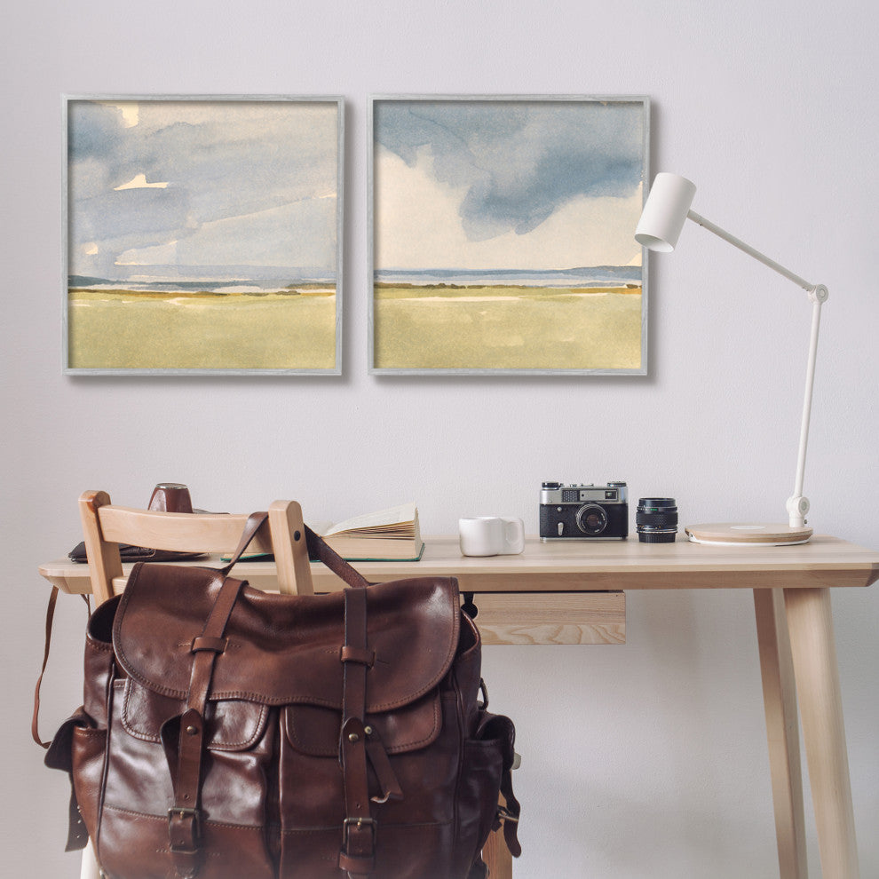 Cloudy Field Nature Landscape Watercolor Collage, 2pc, each 24 x 24