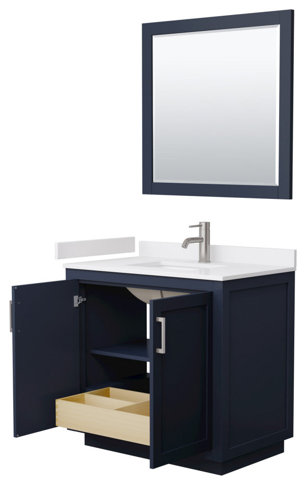 36"SGL Vanity Dark Blue, White Cult. Marble Top, Sink, Nickel Trim, 34"Mirror