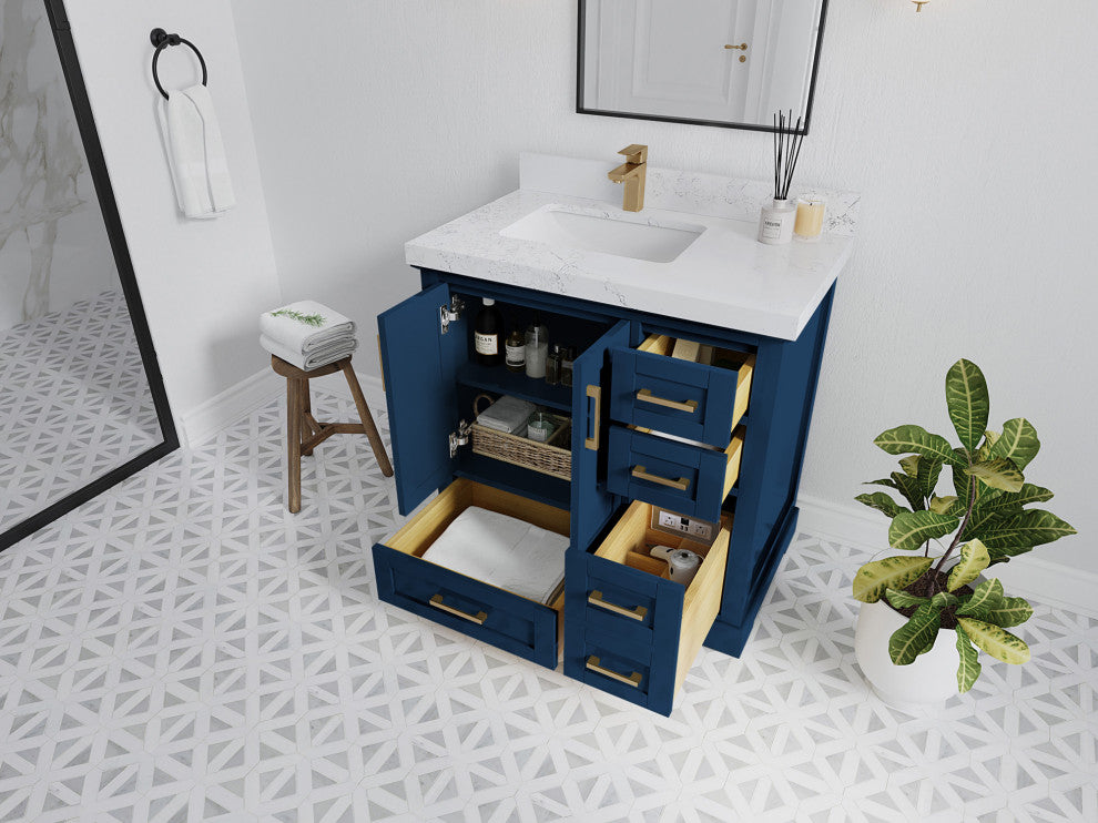 Boston 36 Left Offset Bath Vanity in Navy Blue 2" Venatino Quartz