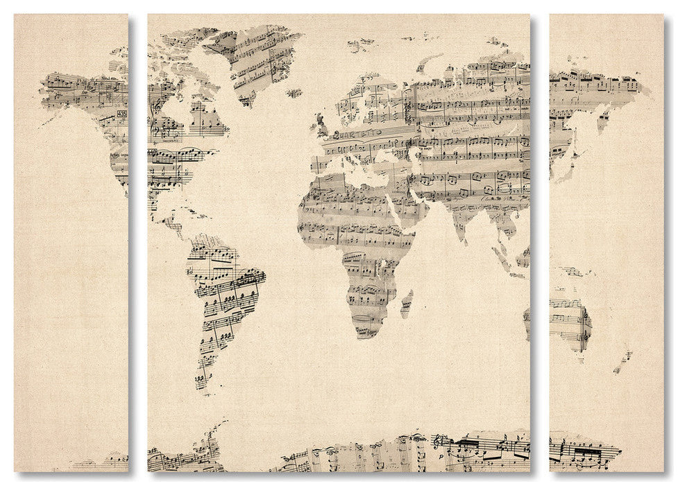 Michael Tompsett ''Old Sheet Music World Map'' Multi Panel Art Set, 32"x24"