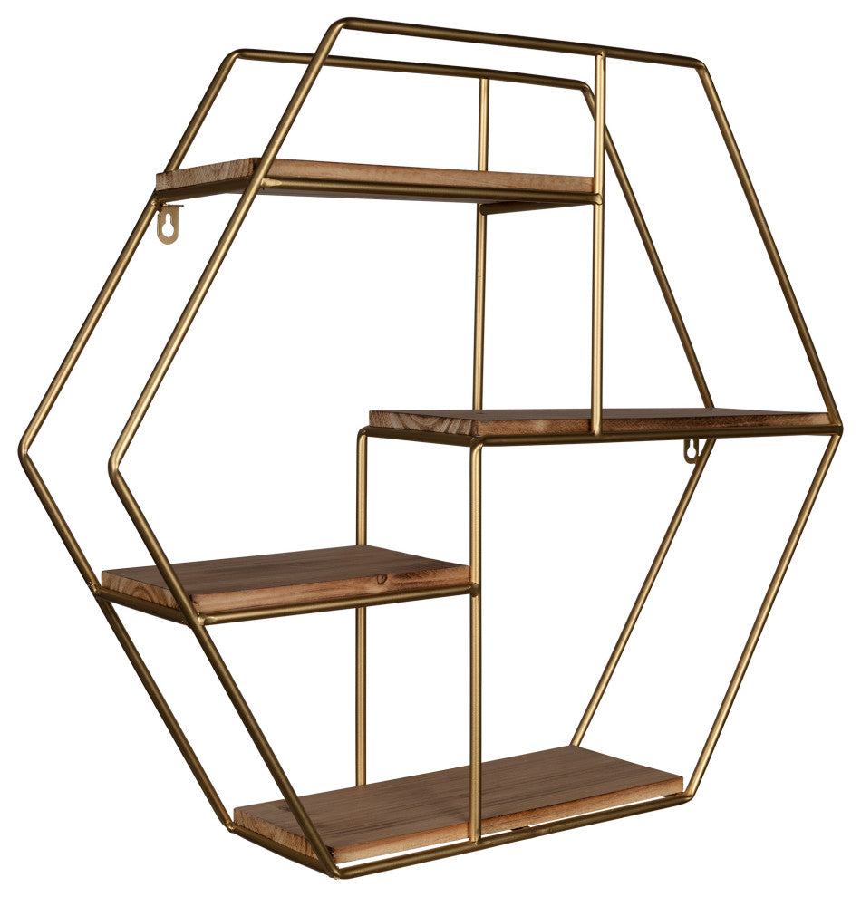 Golden Hexagonal Four Story Wall Shelf
