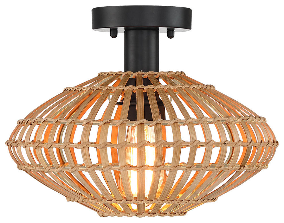 13" W 1-Light Eclectic Natural Rattan and Bamboo Semi-Flush Mount Ceiling Light