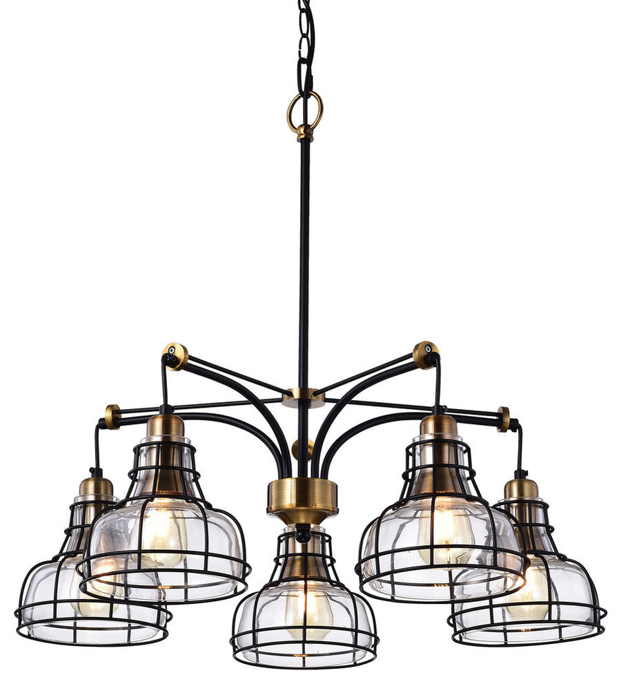 Locke 5-Light Black and Antique Gold Chandelier With Clear Glass Shade
