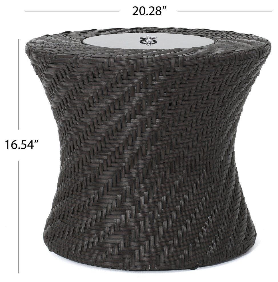 GDF Studio Belen Outdoor Brown Wicker Accent Table With Ice Bucket