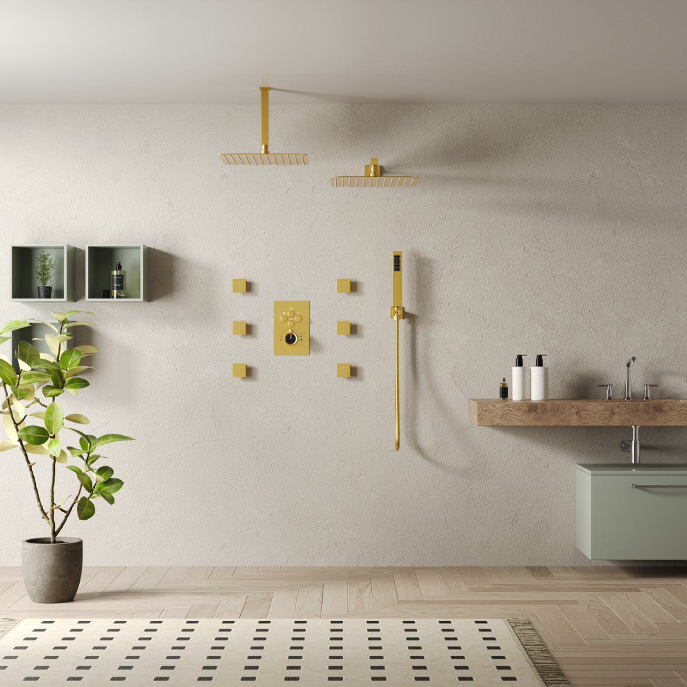 Thermostatic Shower System 12" Dual Shower Heads with Body Jet, Brushed Gold