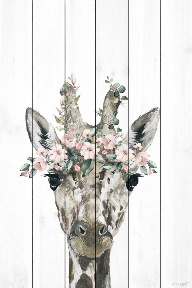 "Floral Crowned Giraffe" Painting Print on White Wood, 16x24
