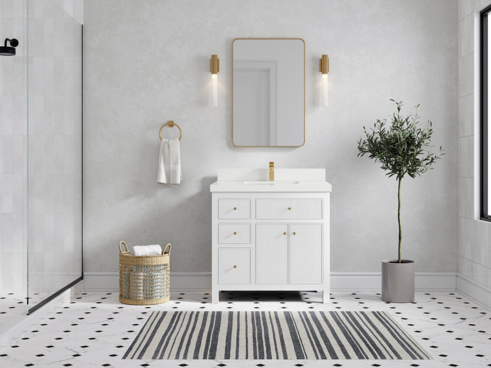 Sonoma 36 Center Sink Reeded Bath Vanity in White 2" White Quartz