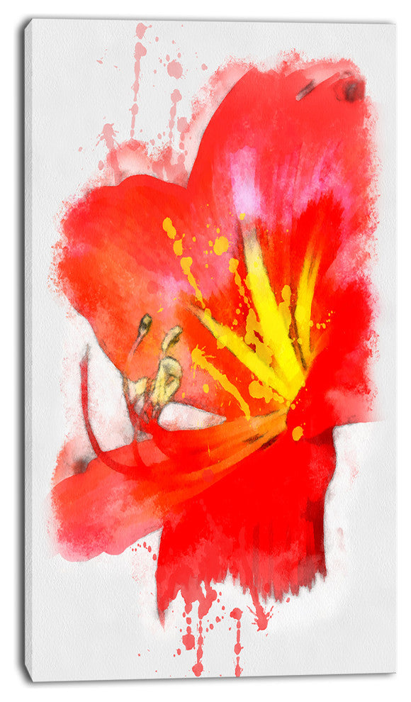 Bright Red Lily Illustration Art, Floral Canvas Art Print, 16"x32"