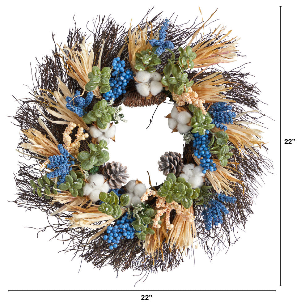 22" Autumn Cotton, Eucalyptus, Berries and Pinecones Artificial Fall Wreath