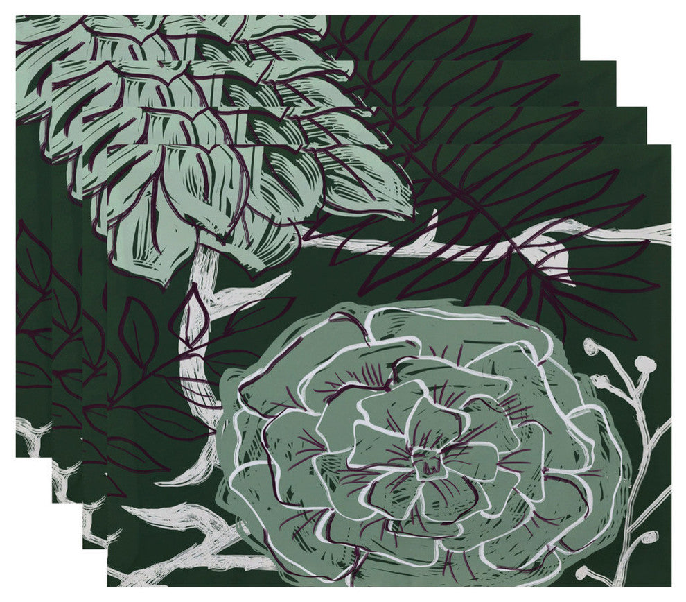 Flowers And Fronds Floral Print Placement, Herb Green, Set of 4