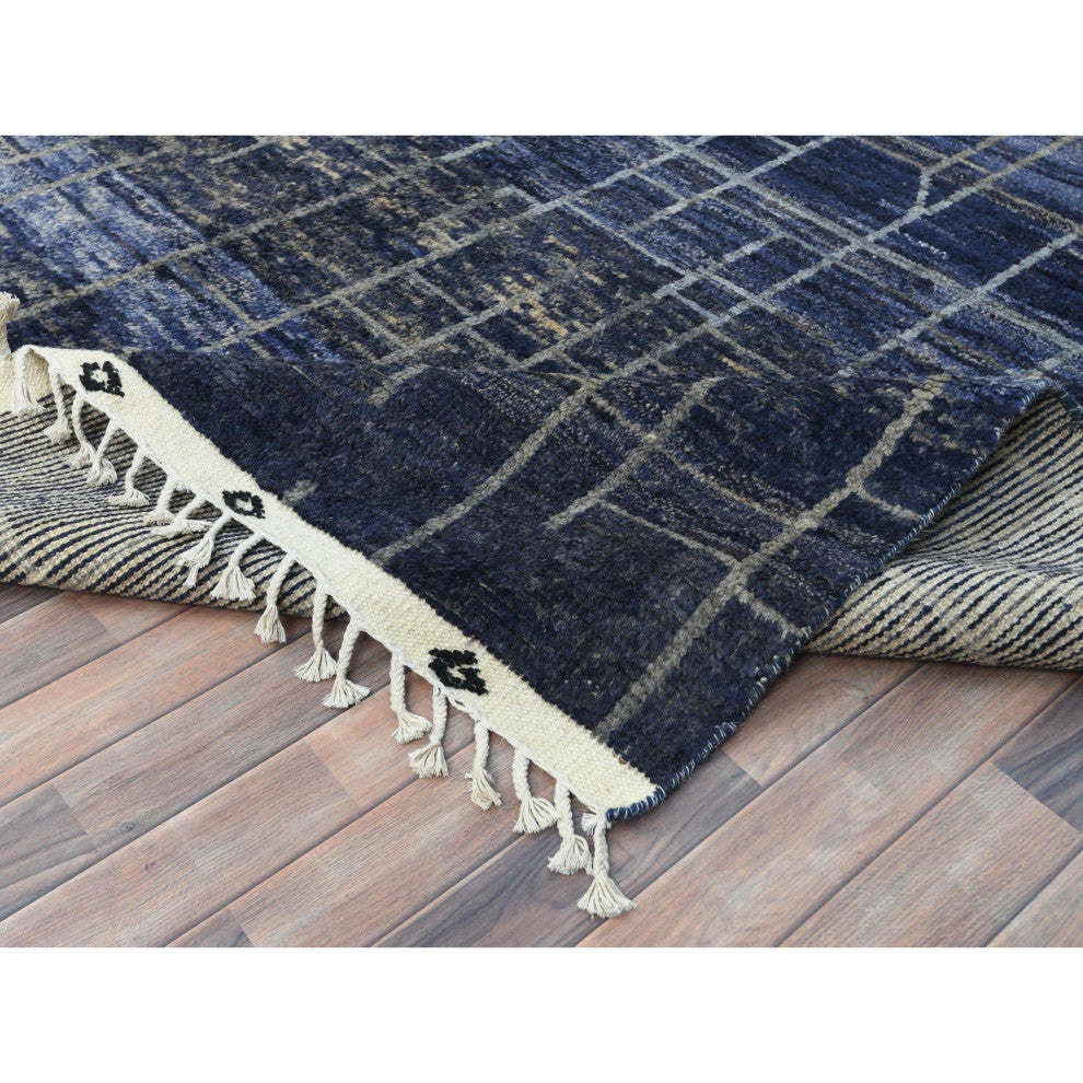 Denim Blue, Hand Knotted Ben Ourain Moroccan Berber Soft Wool Rug, 9'x12'5"