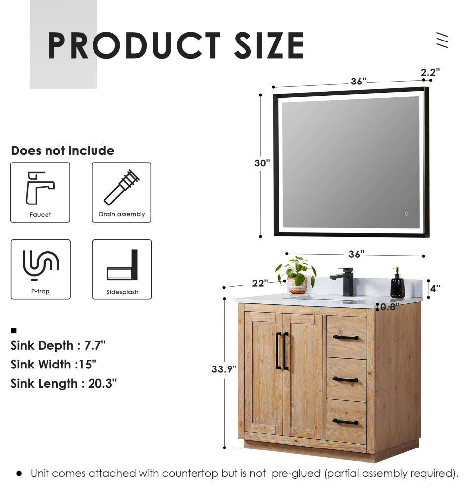 Cicero Vanity, Grain White Engineered Stone Countertop, Light Brown, 36", With Mirror