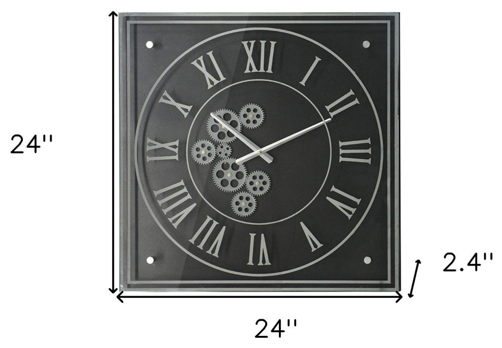 24" Black and Silver Vintage Style Gears Square Wall Clock