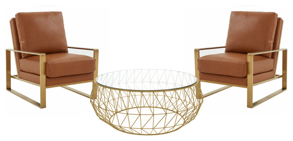 LeisureMod Jefferson 3-Piece Set With 2 Arm Chairs and Coffee Table, Cognac Tan