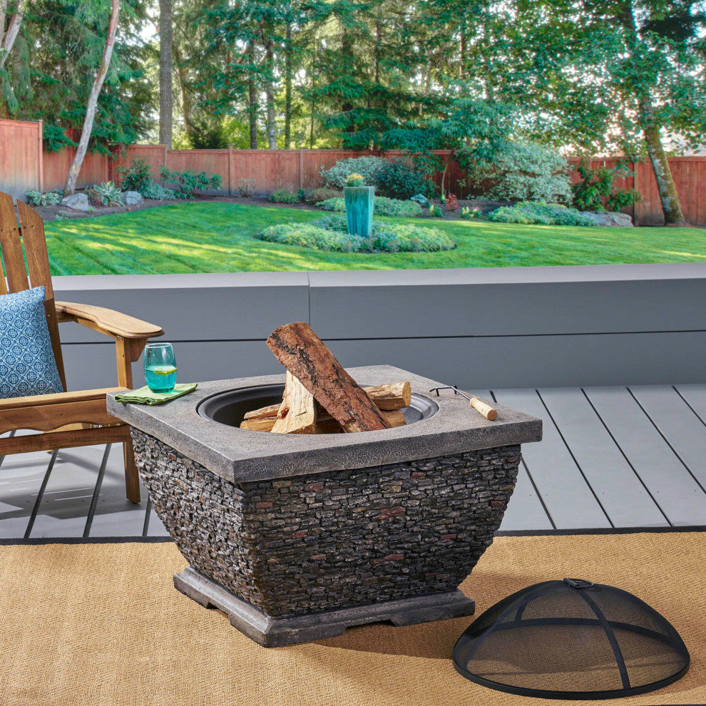GDF Studio Laraine Outdoor 32" Wood Burning Concrete Square Fire Pit, Gray