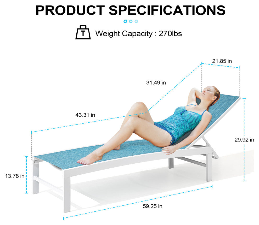 Outdoor Patio Aluminum Adjustable Chaise Lounge Chairs (Set of 2), Blue