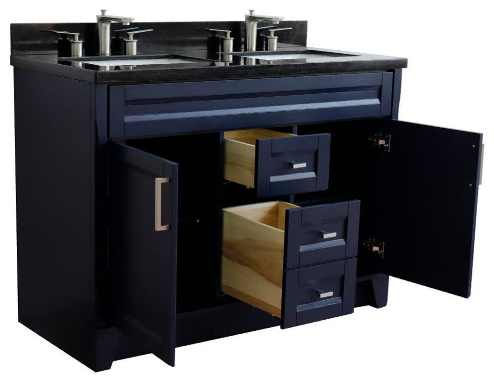 48" Double Sink Vanity, Blue Finish With Black Galaxy Granite