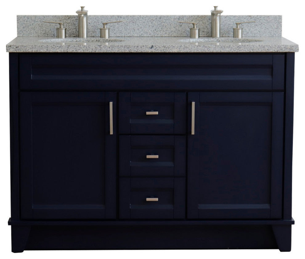 48" Double Sink Vanity, Blue Finish With Gray Granite And Oval Sink