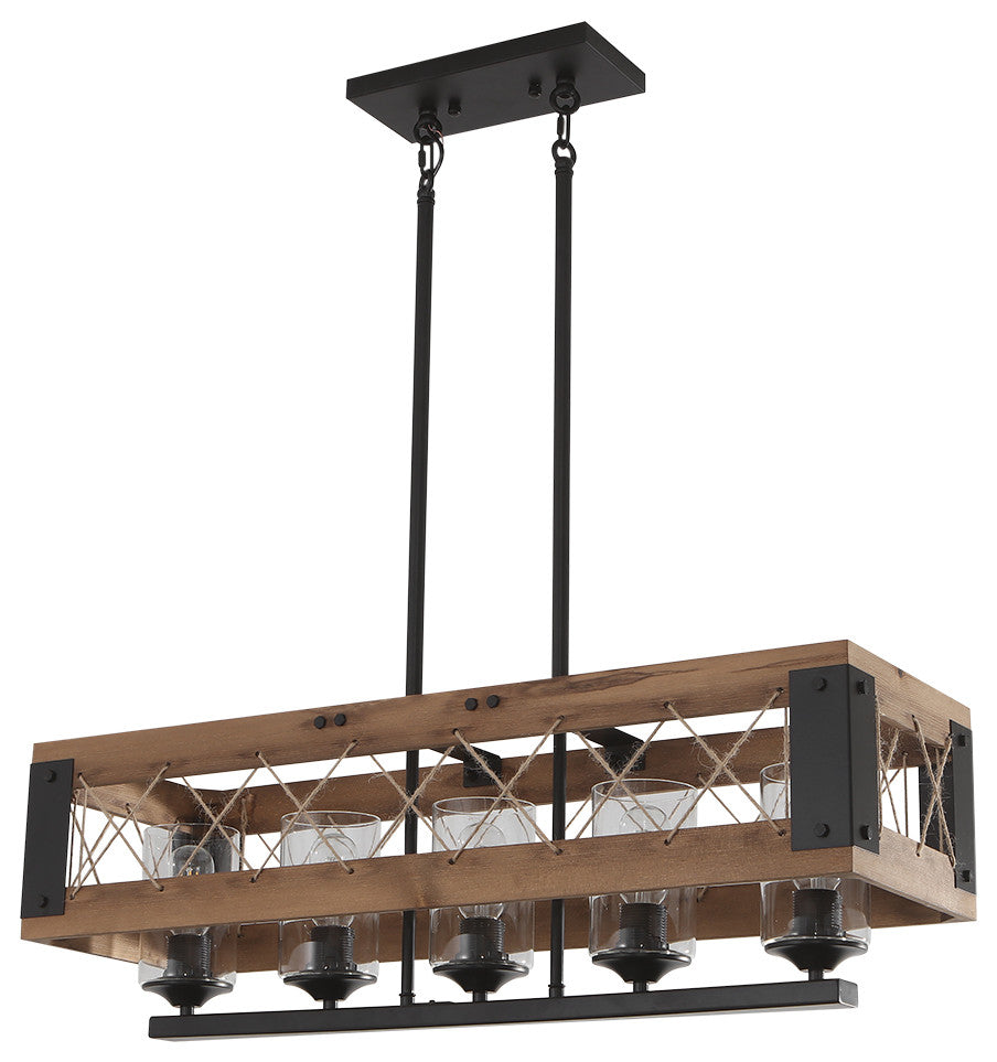 Wooden Farmhouse Rectangular Chandelier, 5 Light