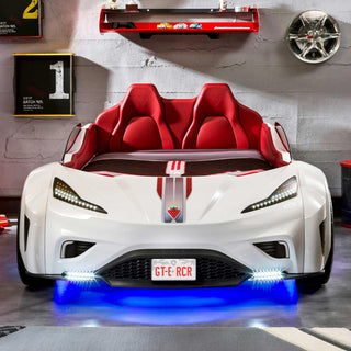 GTS EV Twin-Size Race Car Bed, Remote Control, LED Lights, EV Sound FX, White