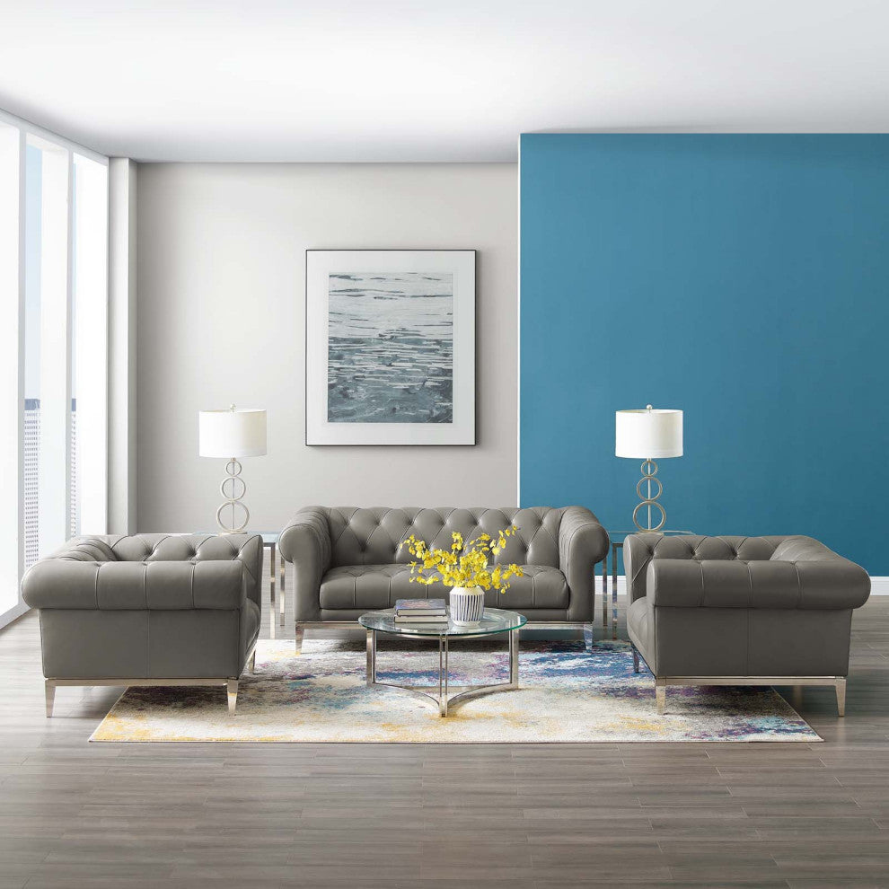 Tufted Armchair and Loveseat Sofa Set, Leather, Gray, Modern, Lounge