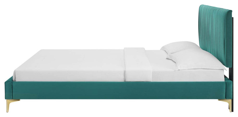Platform Bed Frame, King Size, Velvet, Teal Blue, Modern Contemporary, Bedroom