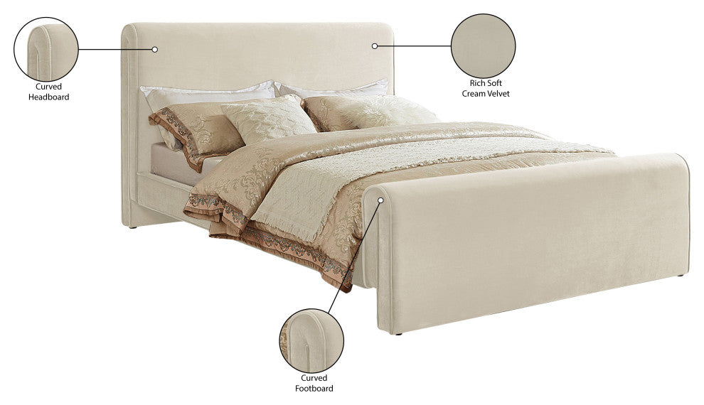Sloan Black Velvet Full Bed, Cream, Queen