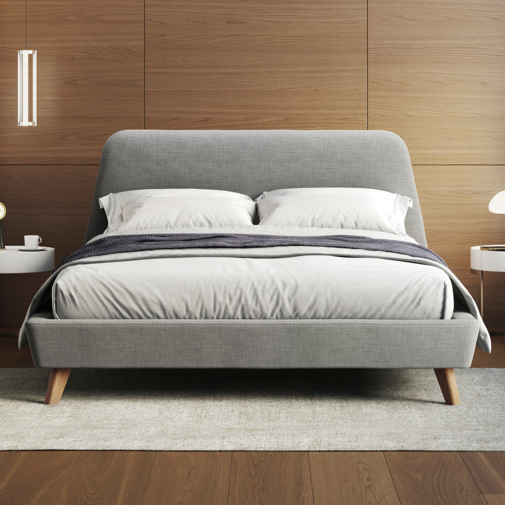 Henry Mid-Century Modern Upholstered Platform Bed, Light Gray, Queen