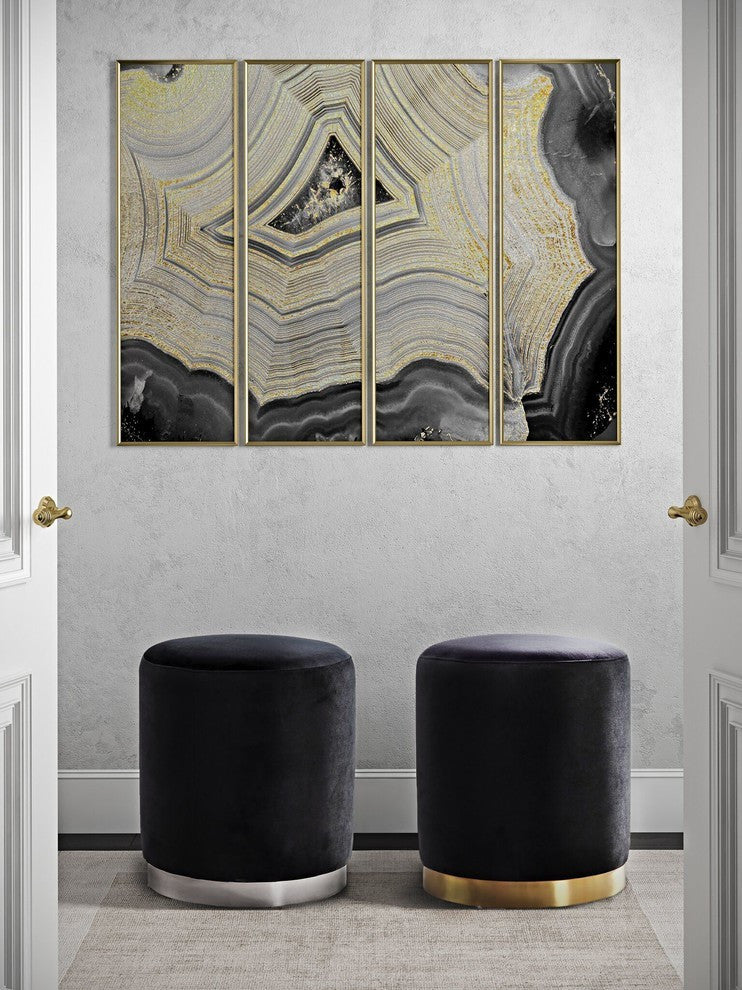 Opal Black Velvet Ottoman -Silver Base - Black