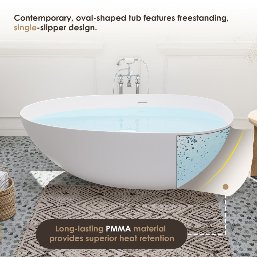 Giotto Flatbottom Freestanding Solid Surface Soaking Bathtub, Matte White, 59inch