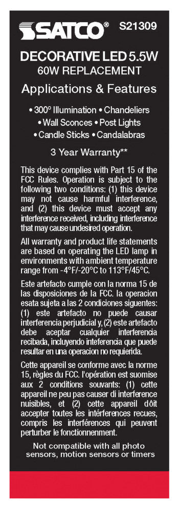 5.5W CA10 LED, Frost, Candelabra Base, 90 CRI, 4000K, 120V