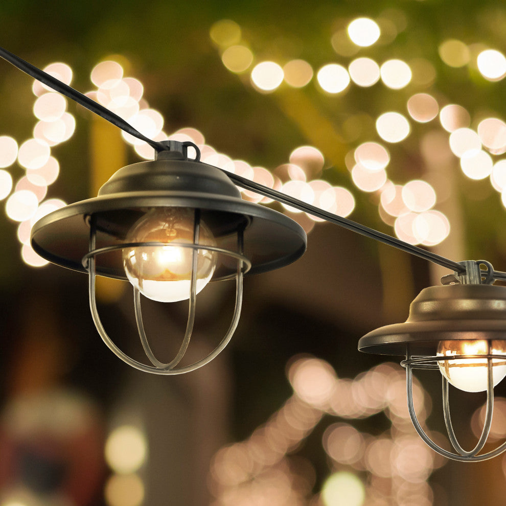 10-Light Indoor/Outdoor 10' Rustic G40 Metal Cage Shade String Lights, Black