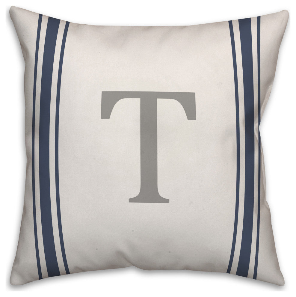 Blue Farmhouse Stripe Monogram - T 18x18 Spun Poly Pillow
