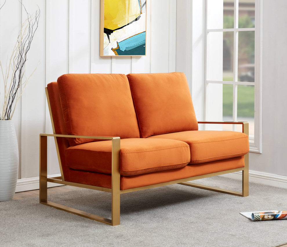 LeisureMod Jefferson Modern Design Velvet Loveseat With Gold Frame, Orange