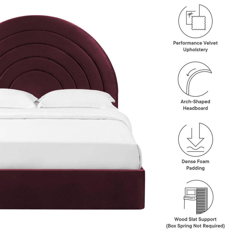 Solana Arched Performance Velvet Queen Platform Bed, Mulberry