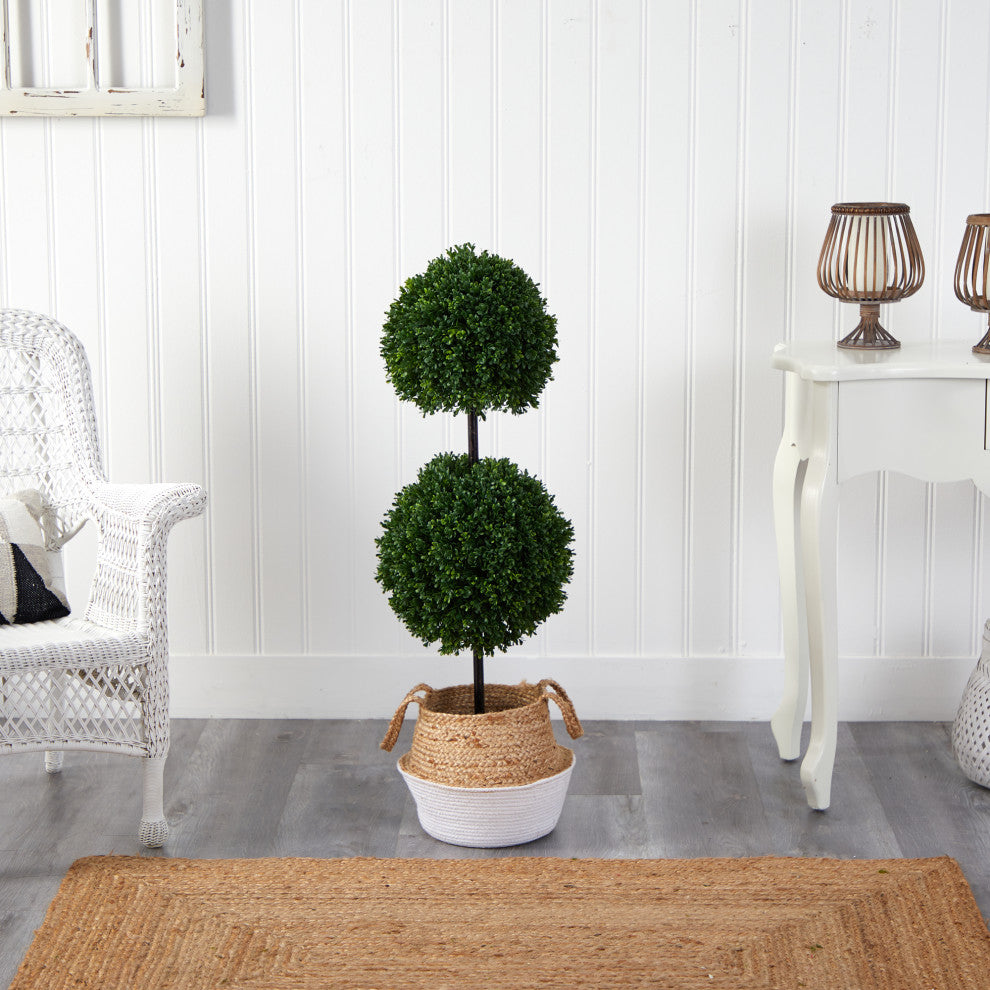 3.5' Boxwood Double Ball Faux Topiary Tree Handmade Cotton & Jute Woven Planter