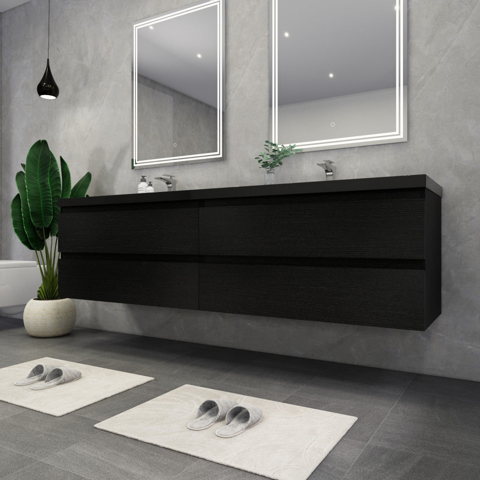 Belli 84" Double Sink Wall Mount Vanity Set, Rich Black Oak, Black Top