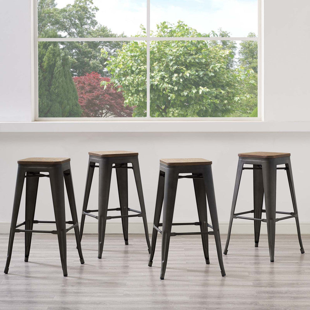 Bar Stool Chair Barstool, Set of 4, Wood, Metal, Brown, Modern, Bar Pub Bistro