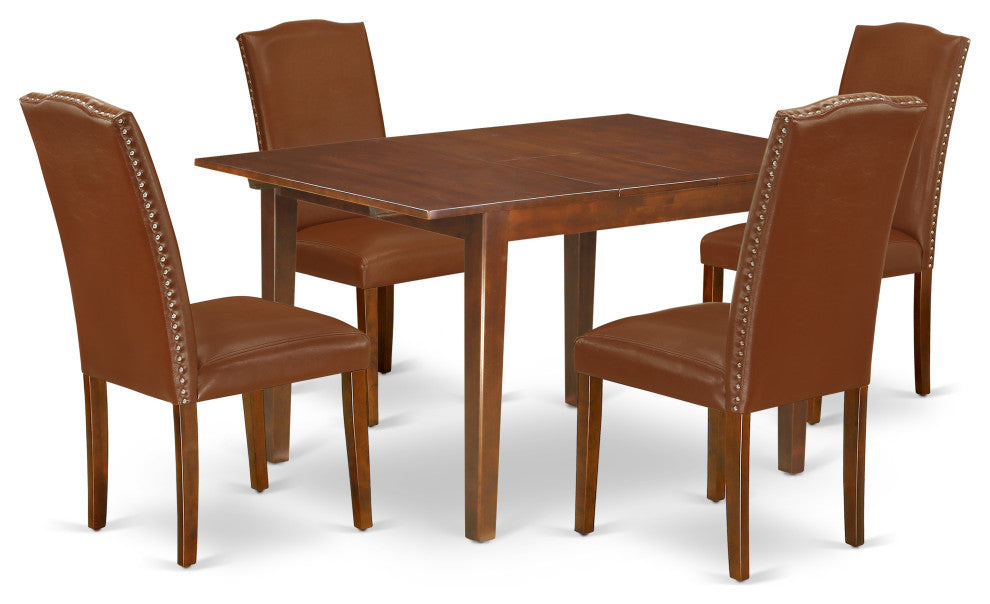 5Pc 42/53.5" Dinette Table, 12 In Leaf, Four Parson Chair, Brown Flaux Leather